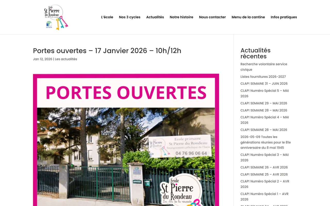 Page « Portes ouvertes » du site de l’école Saint-Pierre du Rondeau, sur ordinateur.