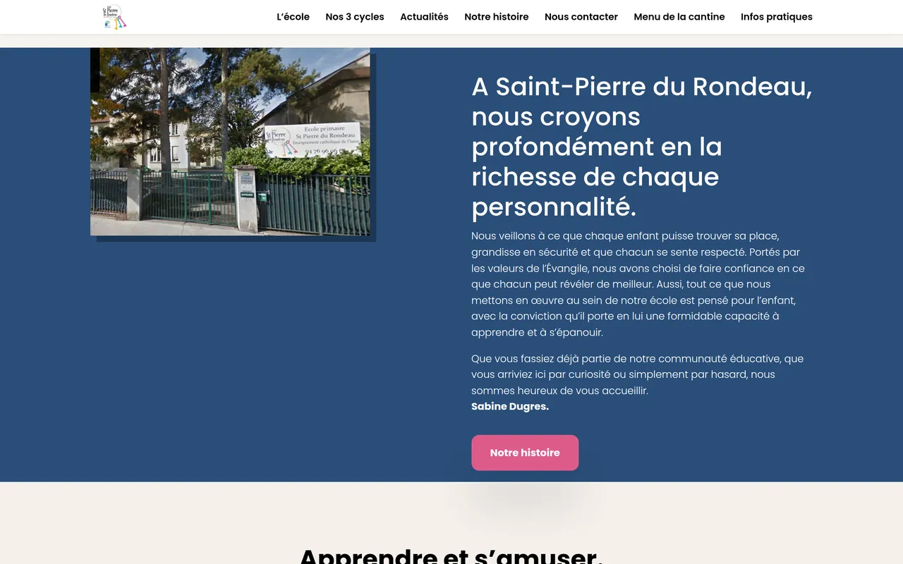 Section « Le mot de la directrice » de l’accueil du site de l’école Saint-Pierre du Rondeau, sur ordinateur.