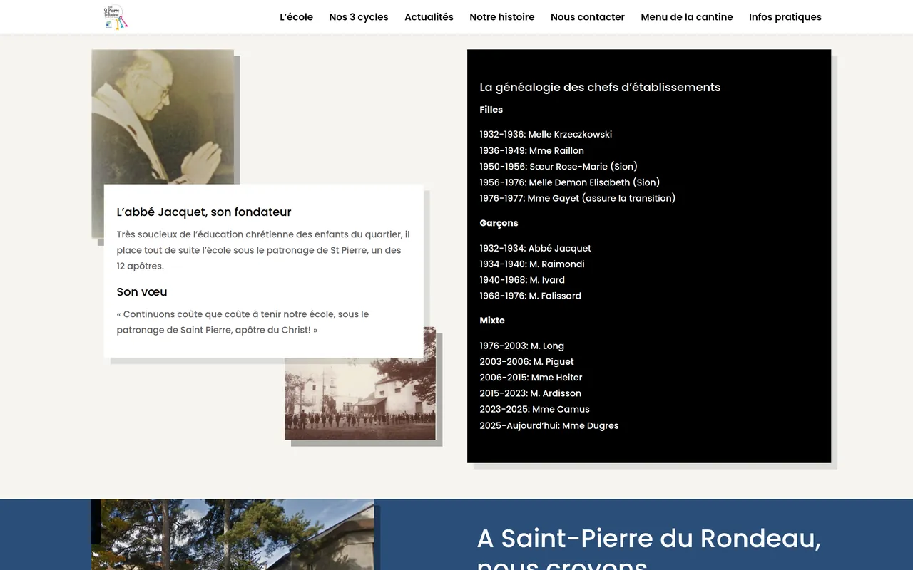 Section « Le fondateur et les directions » de l’accueil du site de l’école Saint-Pierre du Rondeau, sur ordinateur.