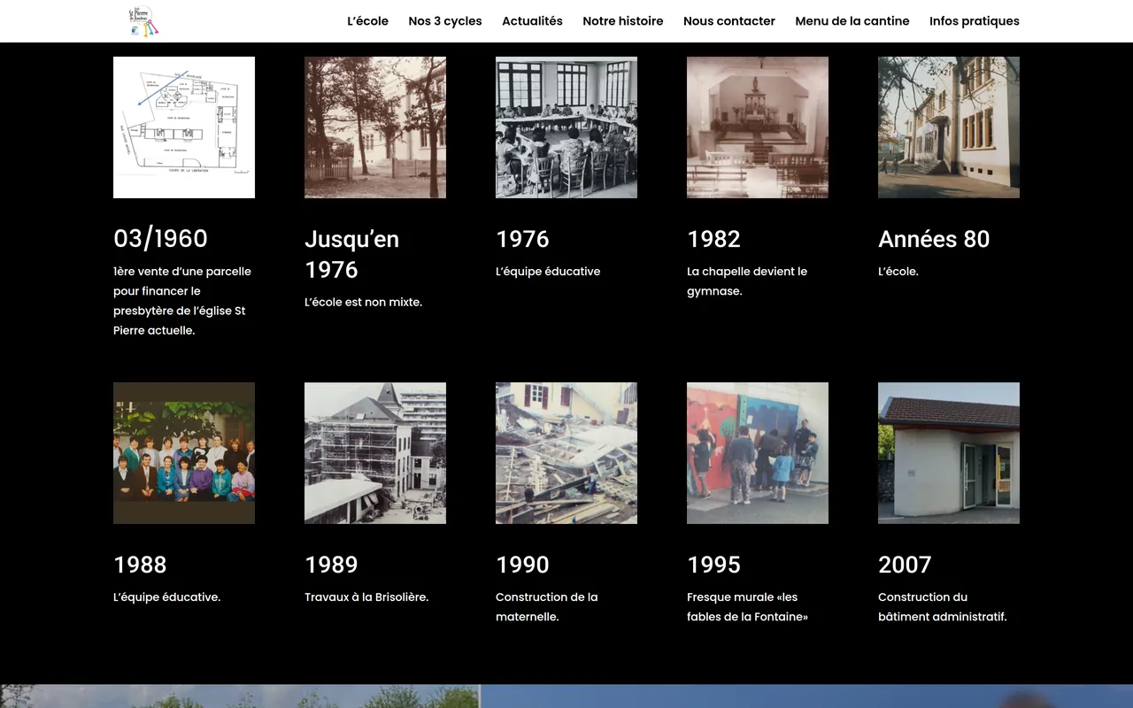 Section « De 1960 à 2007 » de l’accueil du site de l’école Saint-Pierre du Rondeau, sur ordinateur.
