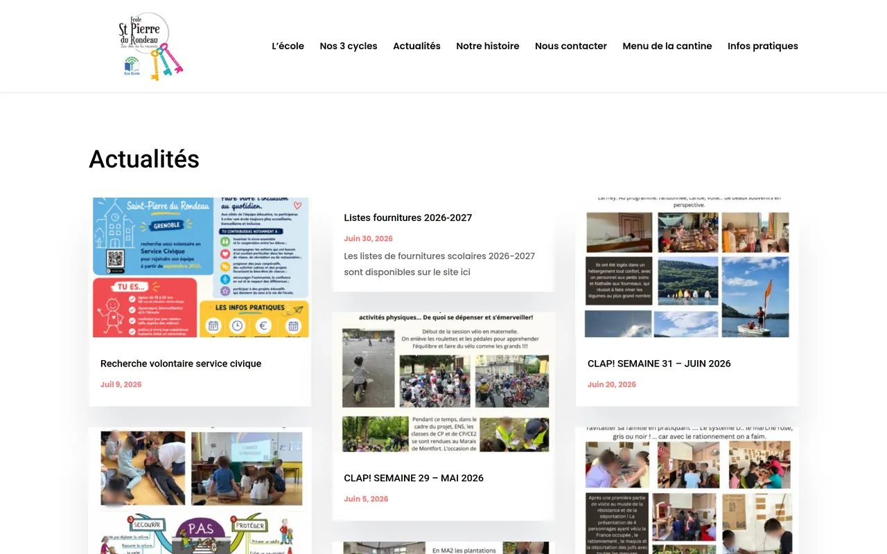 Page « Actualités » du site de l’école Saint-Pierre du Rondeau, sur ordinateur.