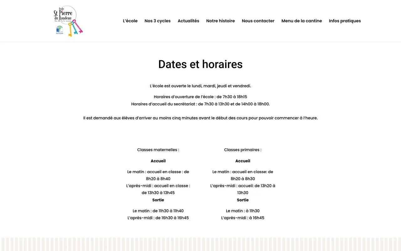 Page « Infos pratiques » du site de l’école Saint-Pierre du Rondeau, sur ordinateur.