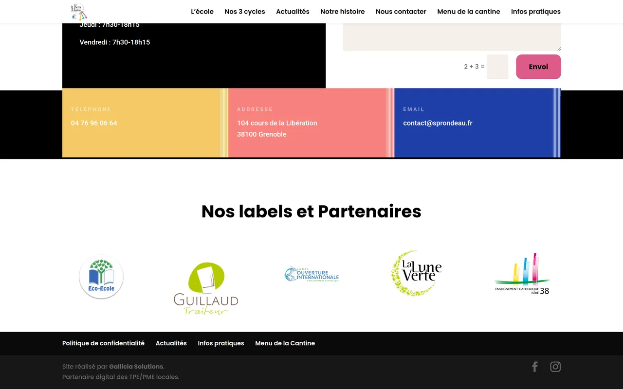 Section « Nos labels et partenaires » de l’accueil du site de l’école Saint-Pierre du Rondeau, sur ordinateur.