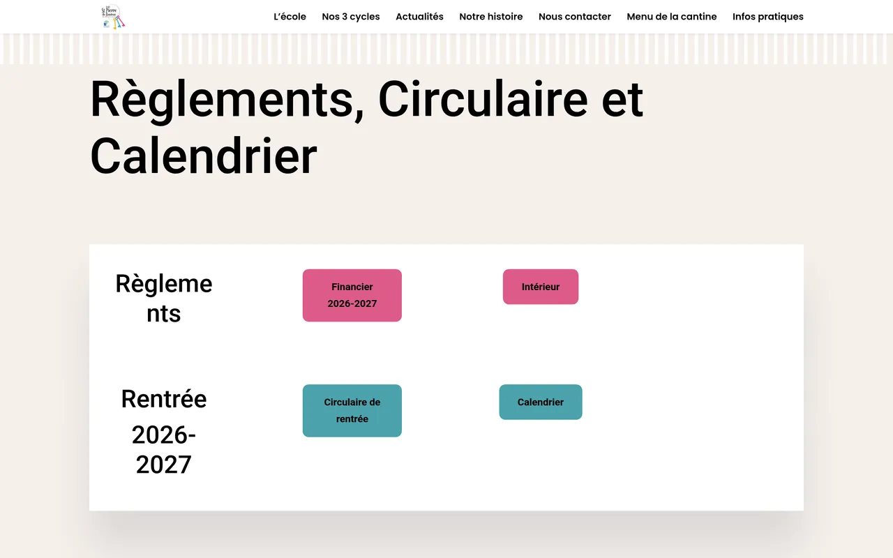 Section « Règlements, circulaire et calendrier » de la page « Infos pratiques » du site de l’école Saint-Pierre du Rondeau, sur ordinateur.