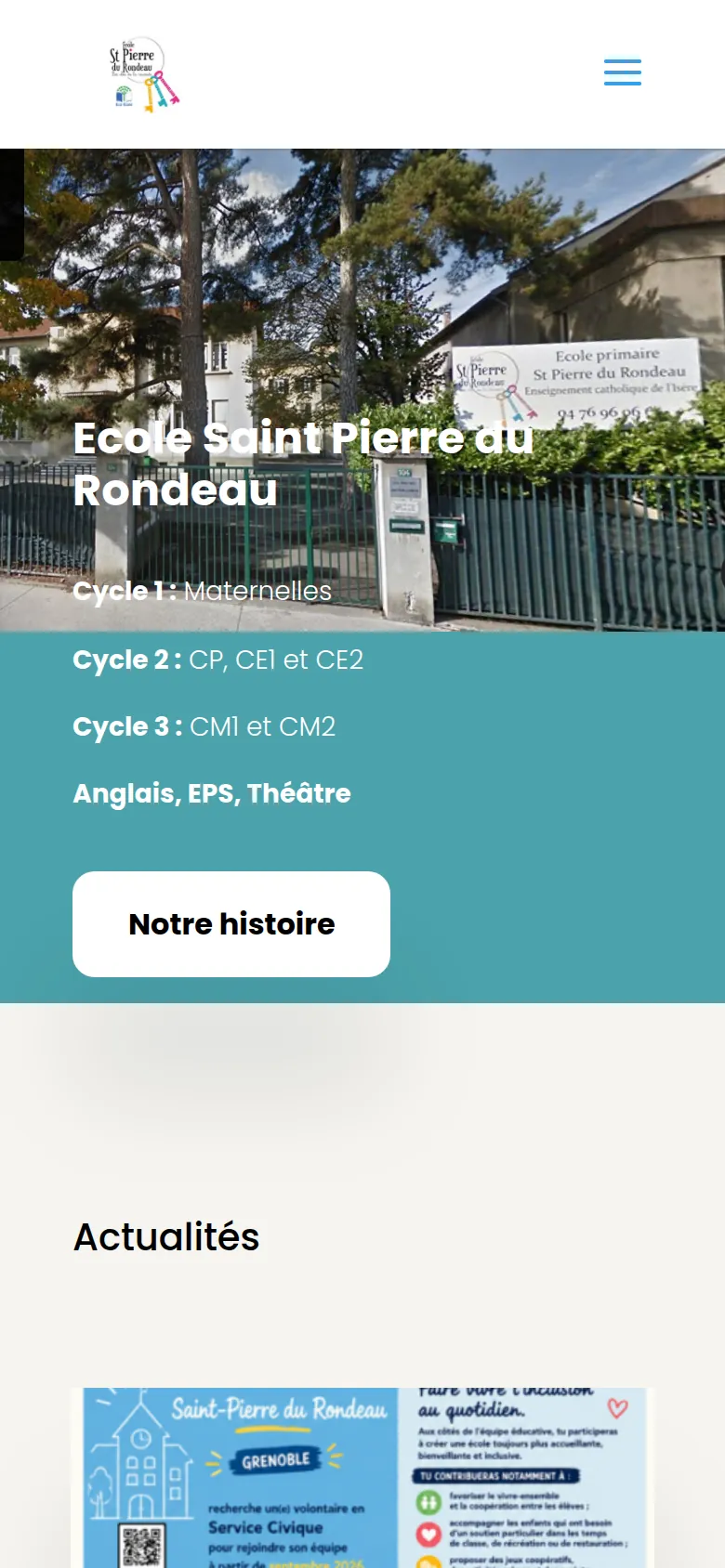 Page d’accueil du site de l’école Saint-Pierre du Rondeau, sur téléphone.