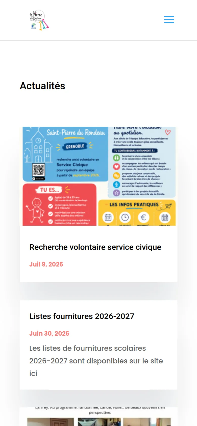 Page « Actualités » du site de l’école Saint-Pierre du Rondeau, sur téléphone.
