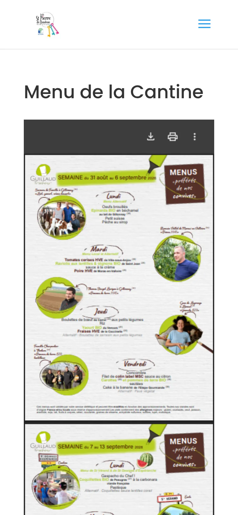 Page « Menu de la cantine » du site de l’école Saint-Pierre du Rondeau, sur téléphone.