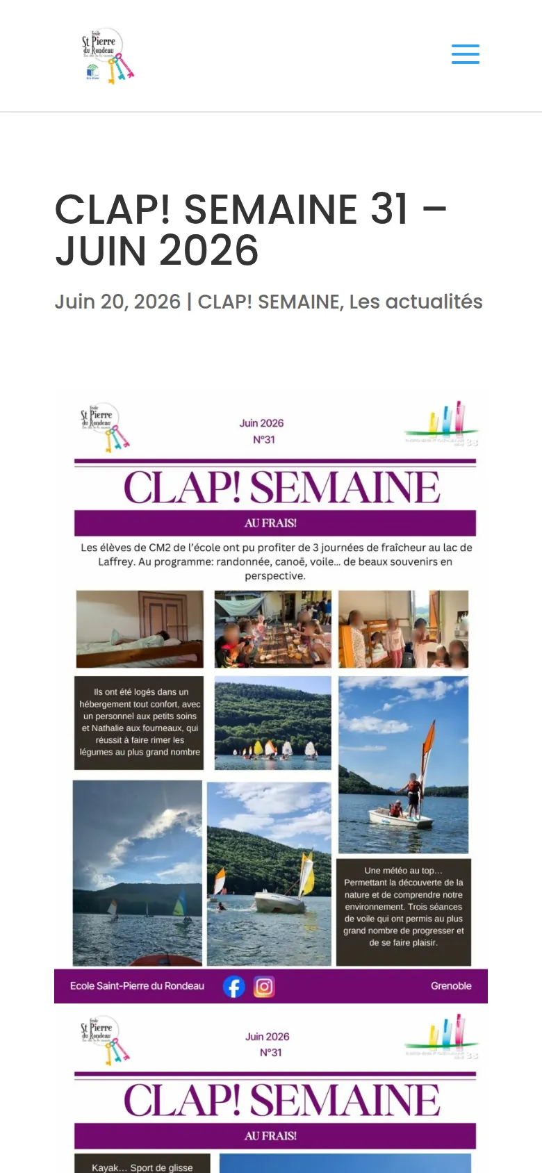 Page « Gazette n° 31 » du site de l’école Saint-Pierre du Rondeau, sur téléphone.