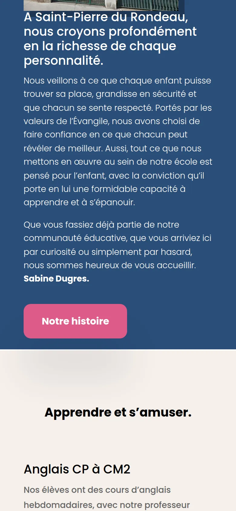 Section « Le mot de la directrice » de l’accueil du site de l’école Saint-Pierre du Rondeau, sur téléphone.