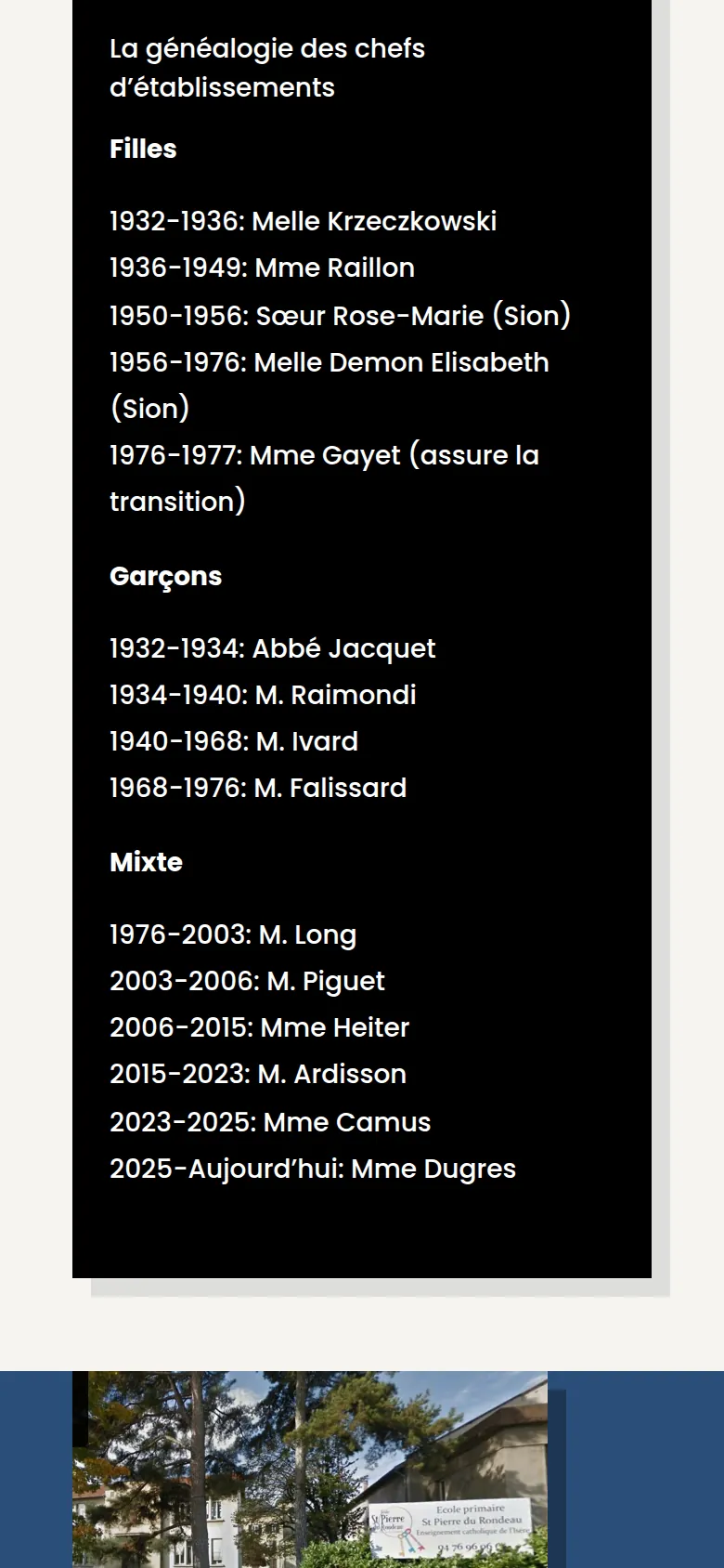 Section « Les chefs d’établissement » de l’accueil du site de l’école Saint-Pierre du Rondeau, sur téléphone.