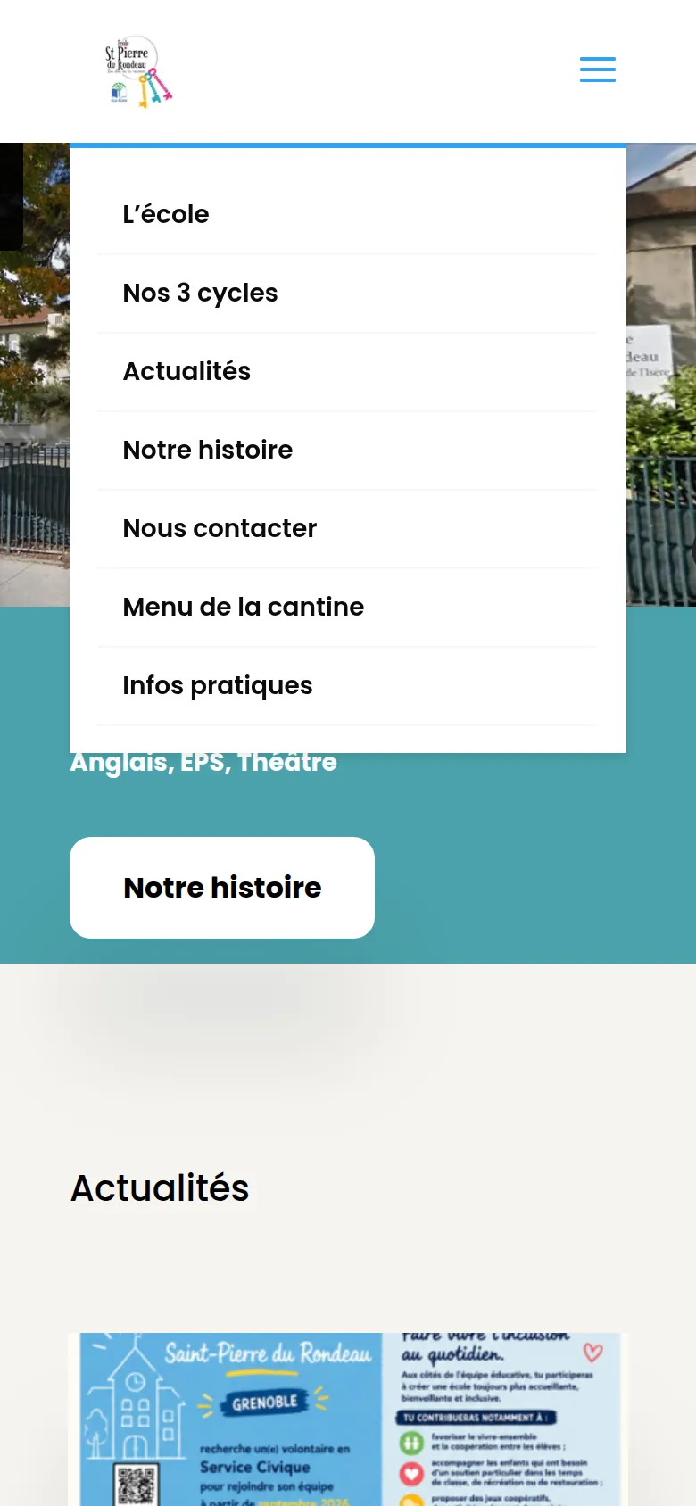 Menu ouvert sur l’accueil du site de l’école Saint-Pierre du Rondeau, sur téléphone : l’école, nos 3 cycles, actualités, notre histoire, nous contacter, menu de la cantine, infos pratiques.