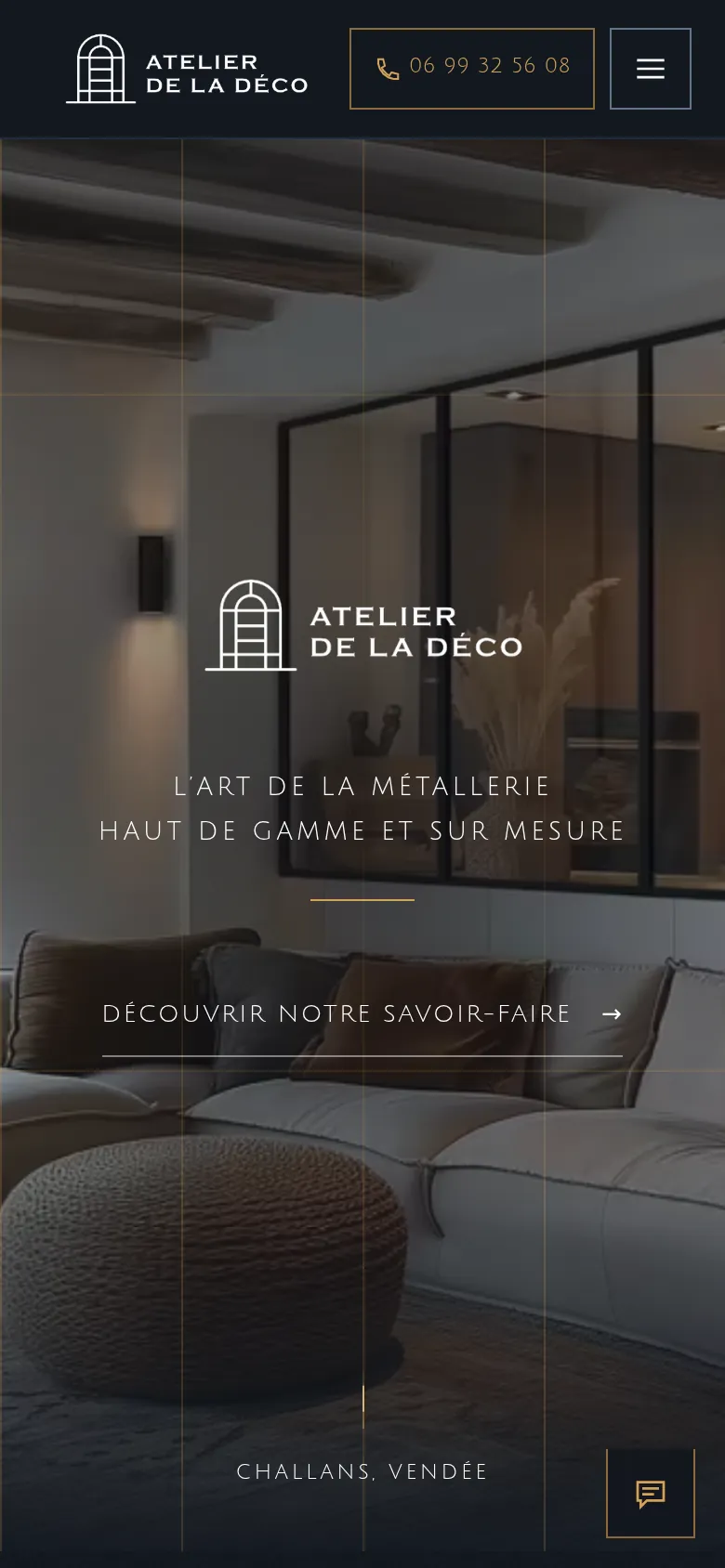 Page d’accueil du site d’Atelier de la Déco, sur téléphone.