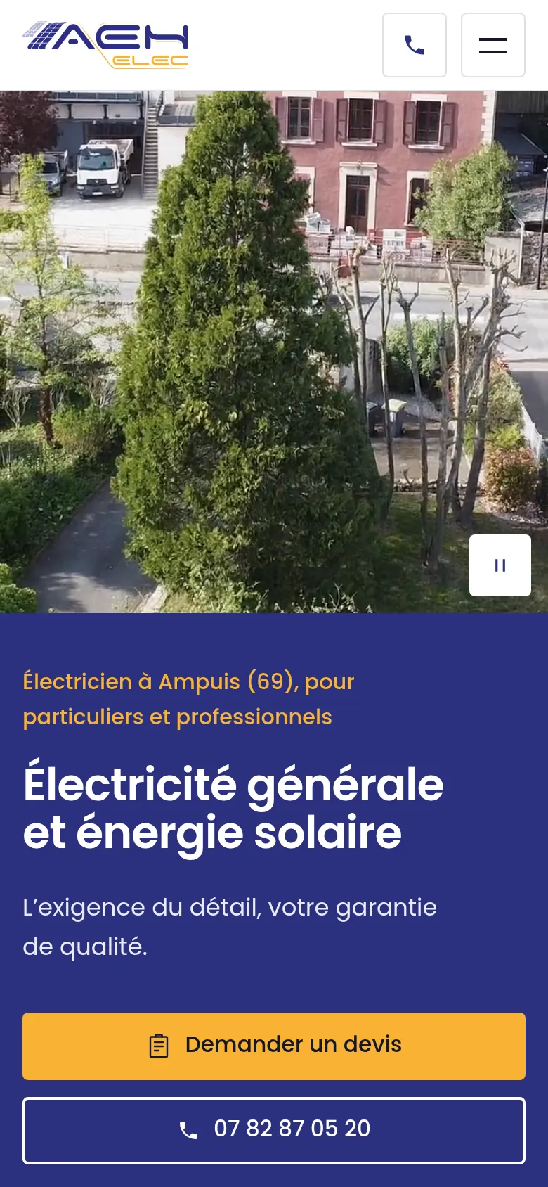 Page d’accueil du site d’AEH ELEC, sur téléphone.