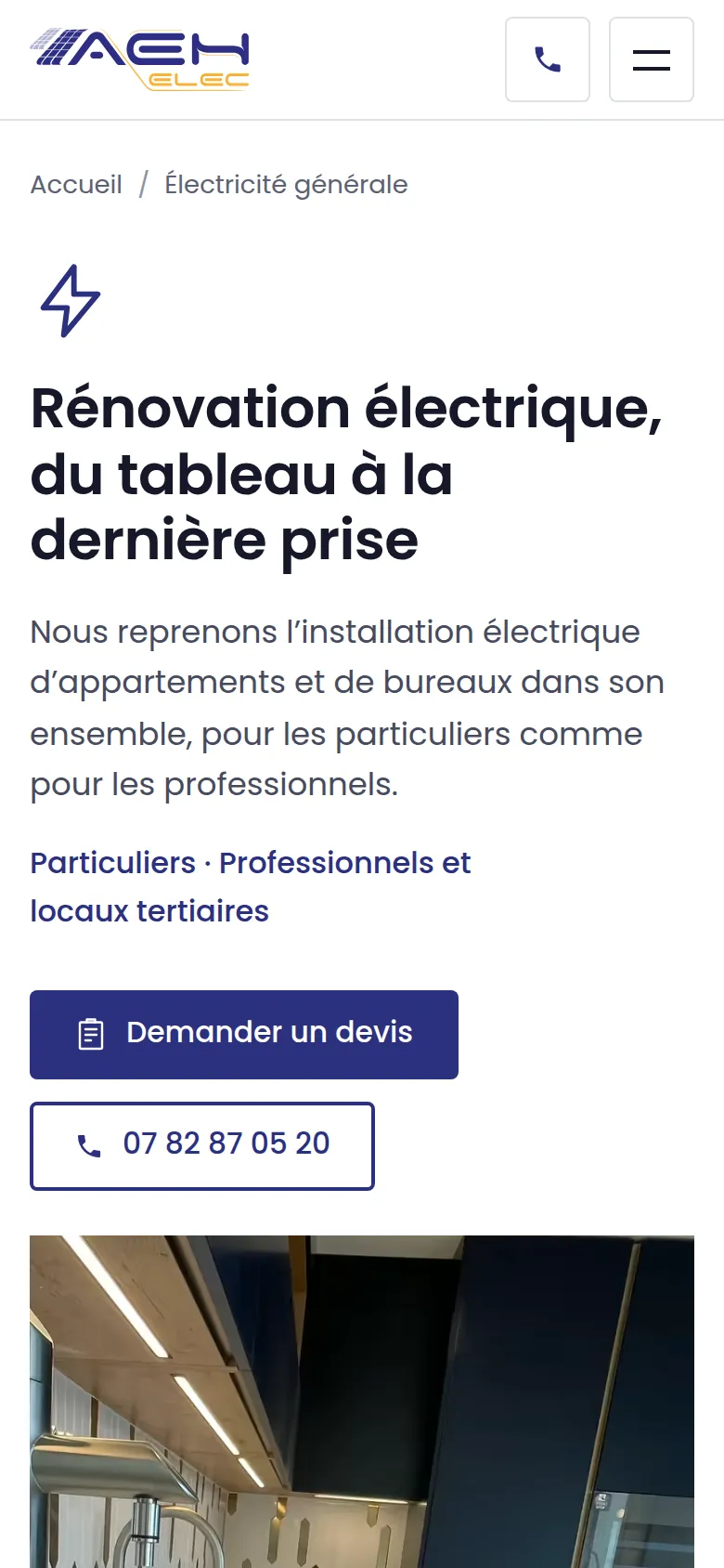 Page « Électricité générale » du site d’AEH ELEC, sur téléphone.
