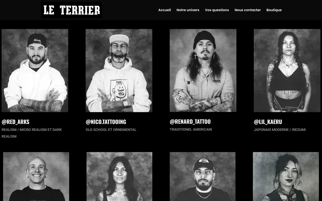 Section « Les quatre premiers tatoueurs » de l’accueil du site du Terrier, sur ordinateur.