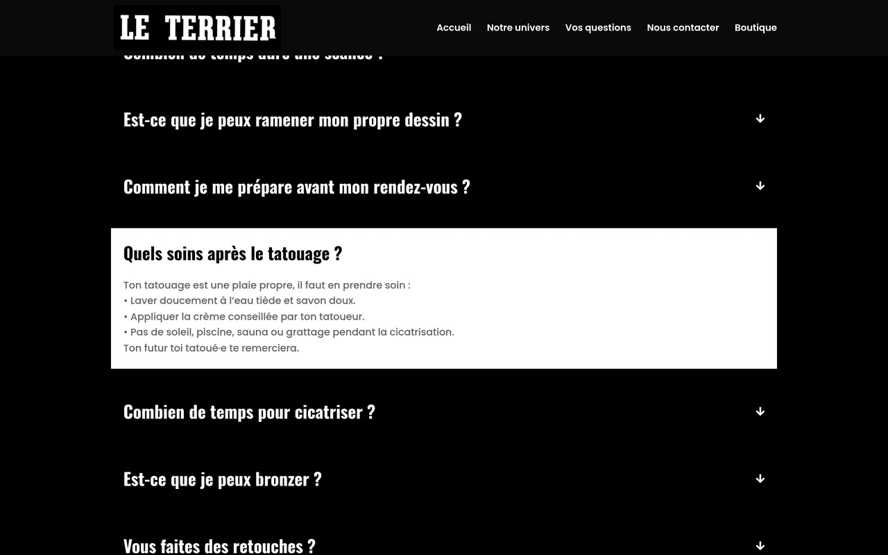 La question « Quels soins après le tatouage ? » ouverte dans la FAQ du site du Terrier, sur ordinateur.