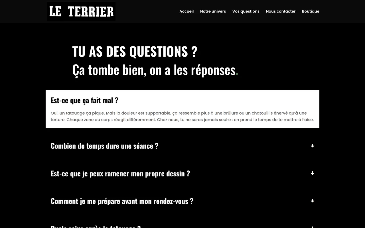 Section « Vos questions » de l’accueil du site du Terrier, sur ordinateur.
