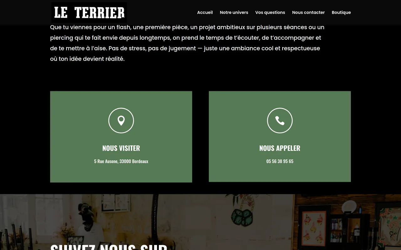 Section « Nous visiter, nous appeler » de l’accueil du site du Terrier, sur ordinateur.