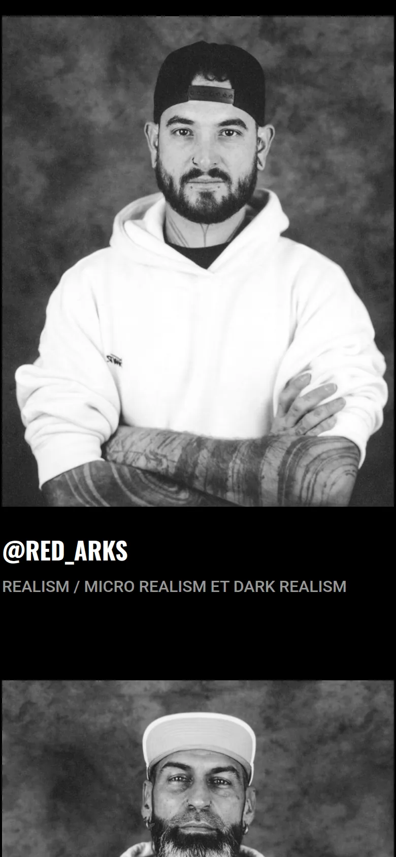 Le portrait d’un artiste et son style, realism et dark realism, sur l’accueil du site du Terrier, sur téléphone.