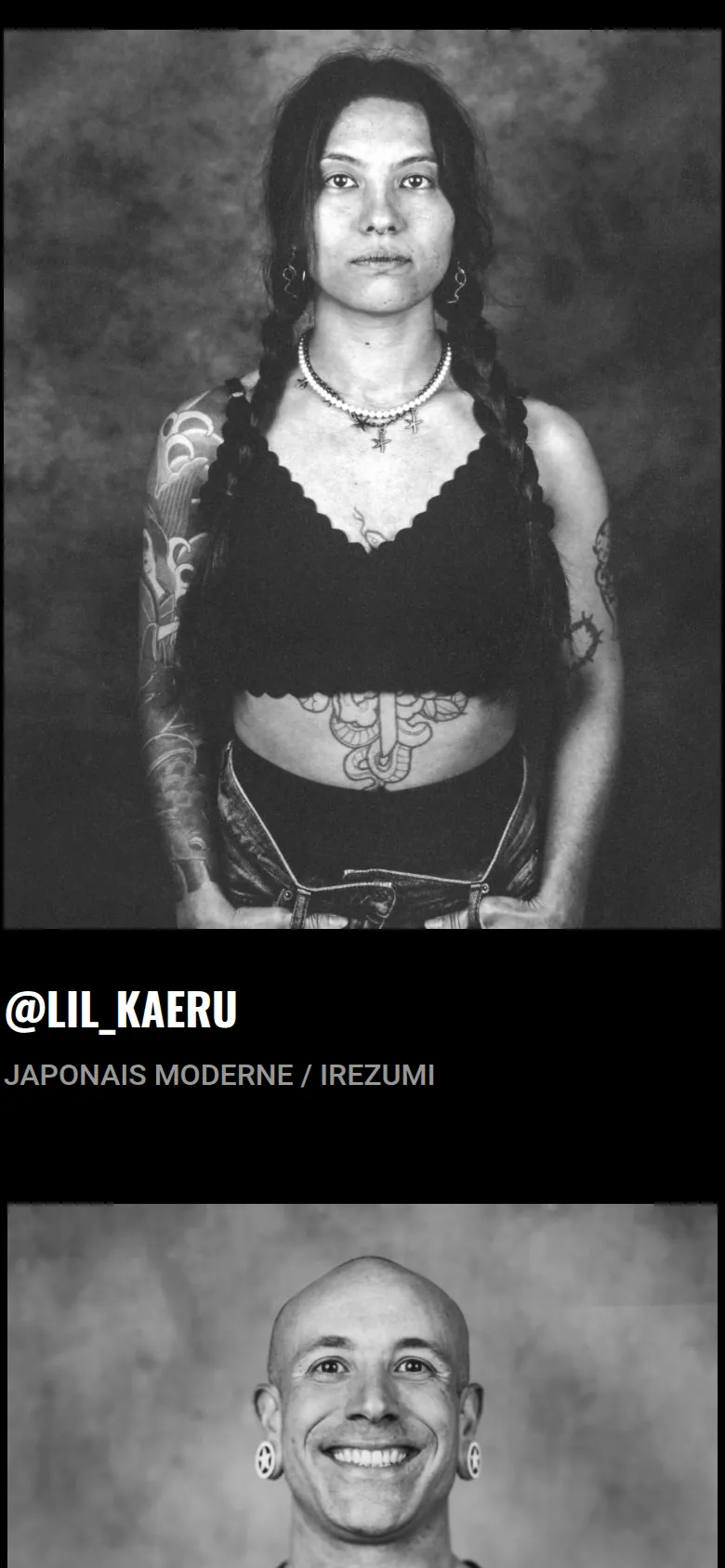 Le portrait d’un artiste et son style, japonais moderne et irezumi, sur l’accueil du site du Terrier, sur téléphone.