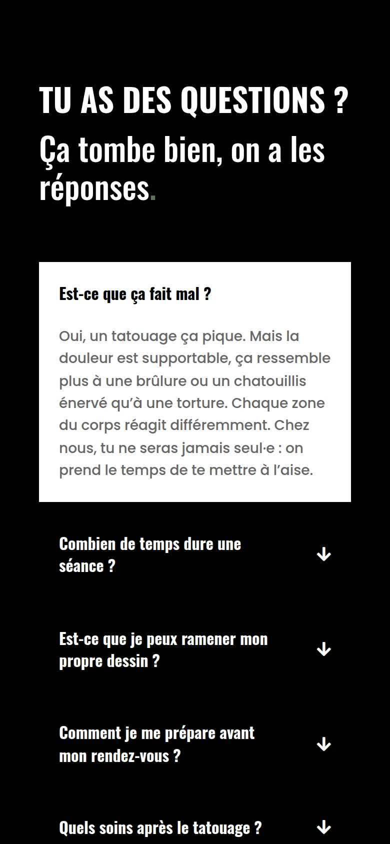 Section « Vos questions » de l’accueil du site du Terrier, sur téléphone.
