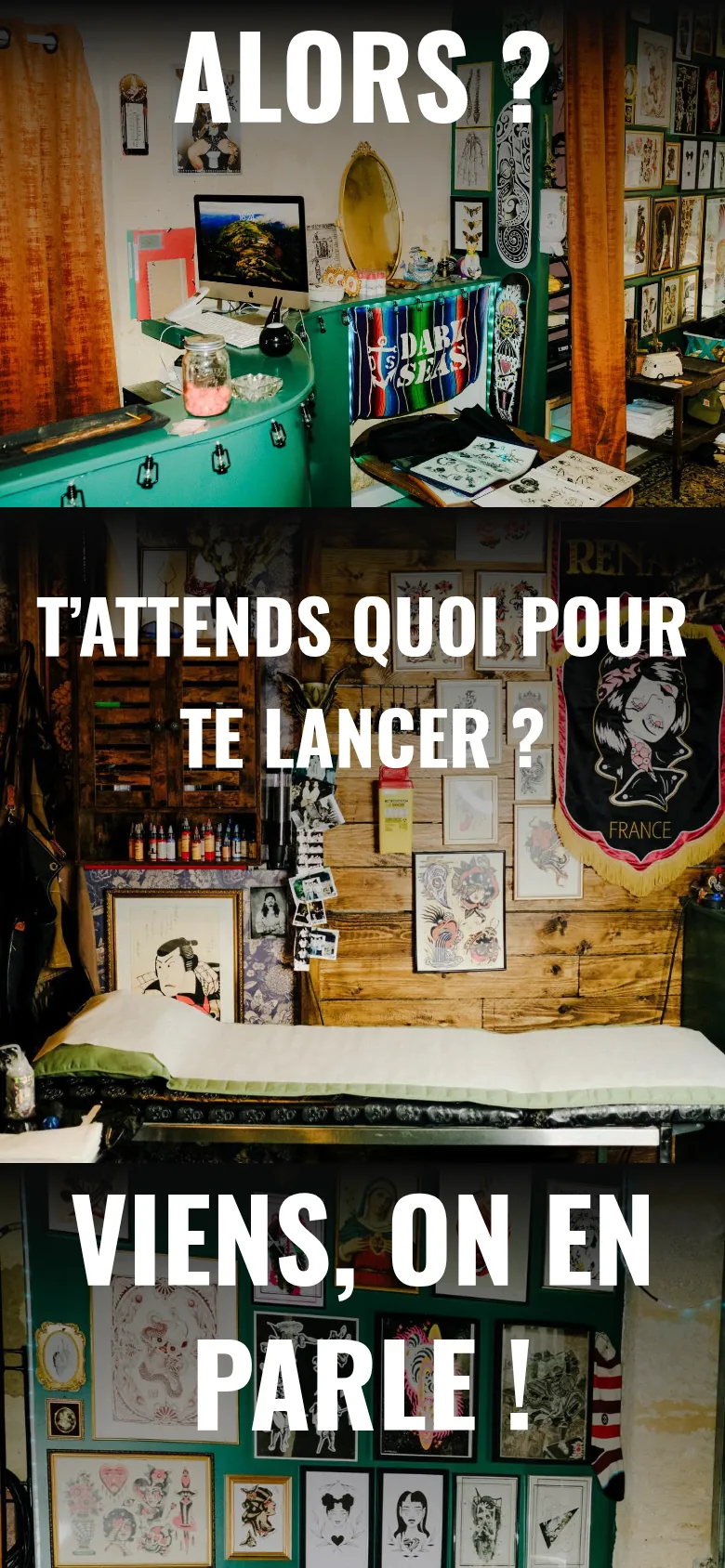 Les trois photographies du salon, « Alors ? », « T’attends quoi pour te lancer ? » et « Viens, on en parle ! », l’une sous l’autre du site du Terrier, sur téléphone.