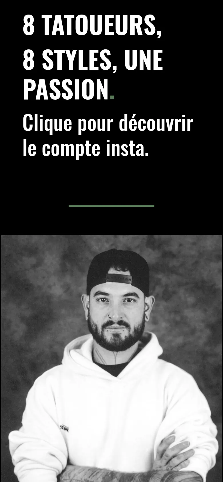 Section « 8 tatoueurs, 8 styles » de l’accueil du site du Terrier, sur téléphone.