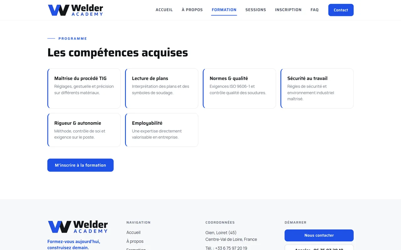 Section « Les compétences acquises » de la page « Formation » du site de Welder Academy, sur ordinateur.