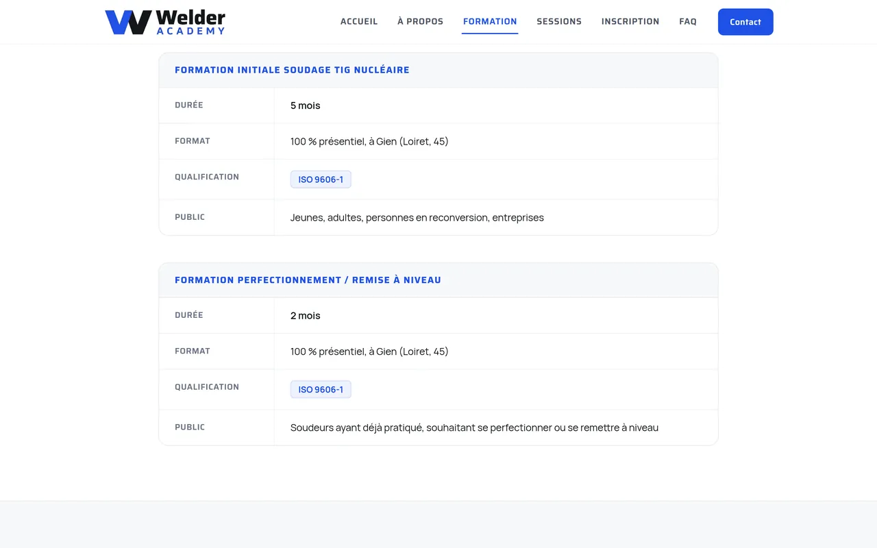 Section « Les deux fiches » de la page « Formation » du site de Welder Academy, sur ordinateur.