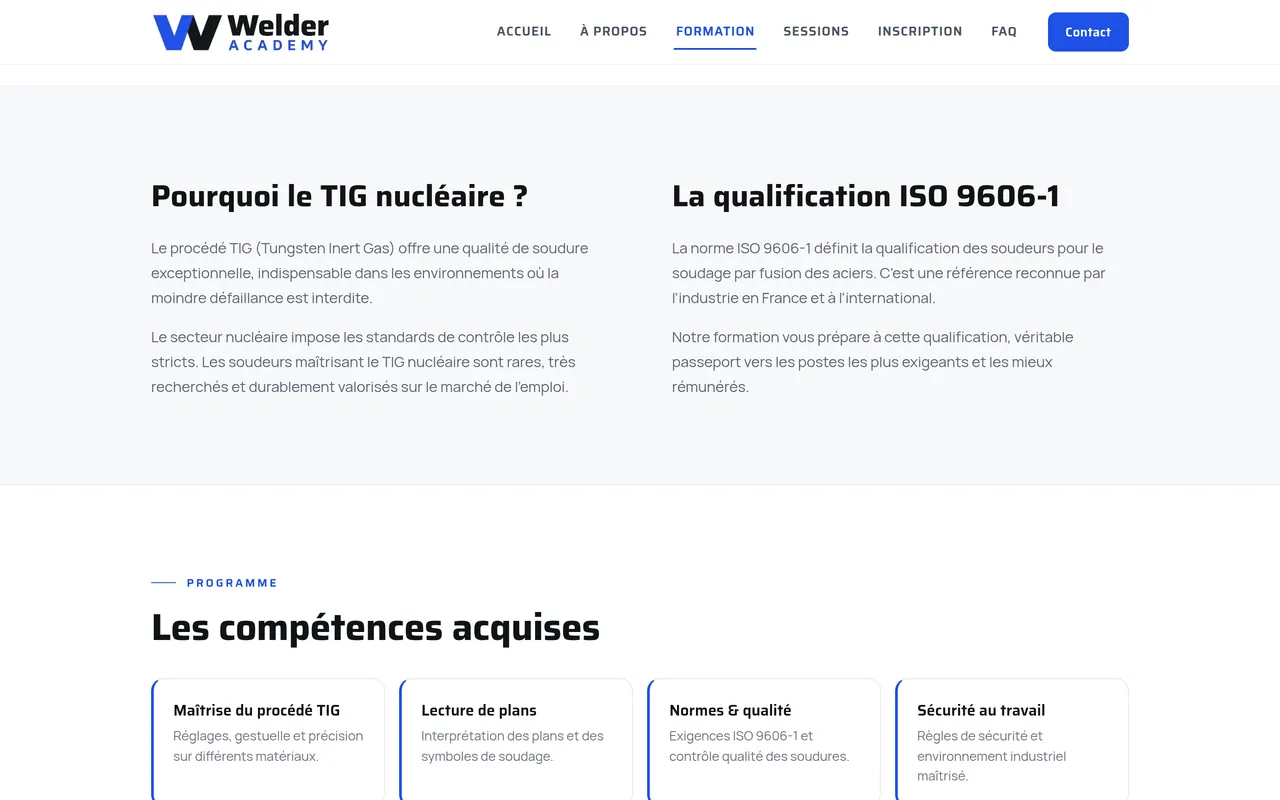 Section « Pourquoi le TIG nucléaire ? » de la page « Formation » du site de Welder Academy, sur ordinateur.