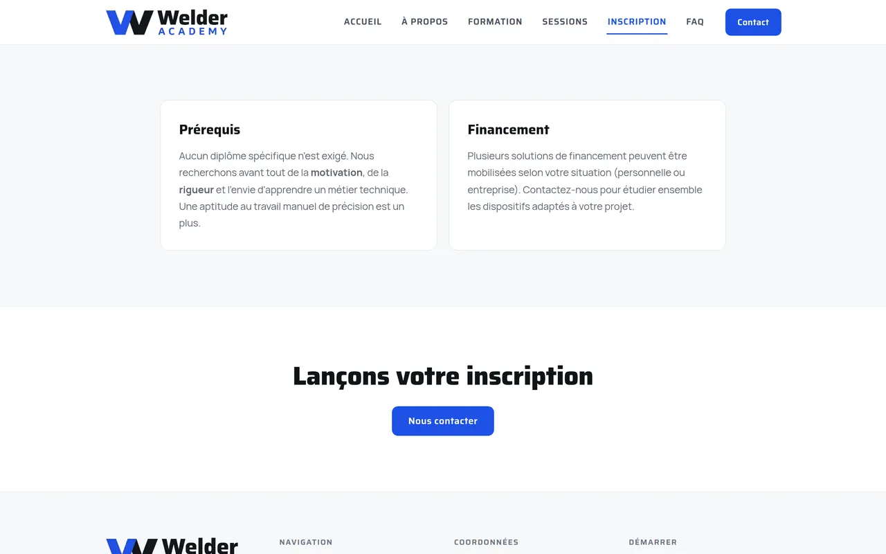 Section « Prérequis et financement » de la page « Inscription » du site de Welder Academy, sur ordinateur.