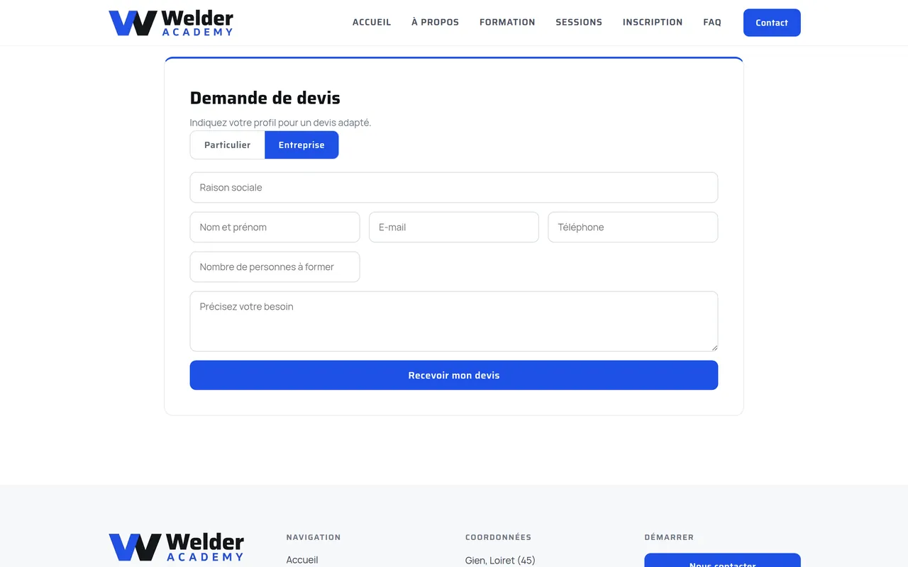 Section « Demande de devis, entreprise » de la page « Contact » du site de Welder Academy, sur ordinateur.