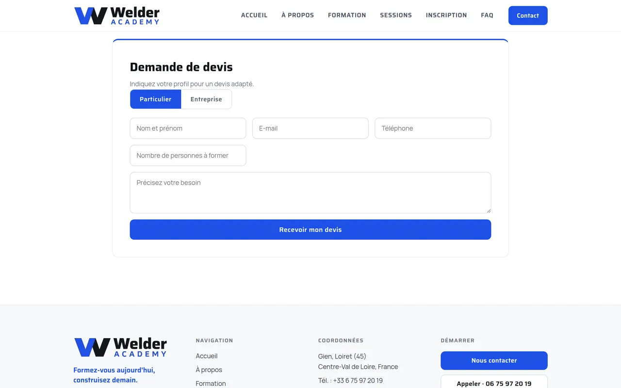 Section « Demande de devis, particulier » de la page « Contact » du site de Welder Academy, sur ordinateur.