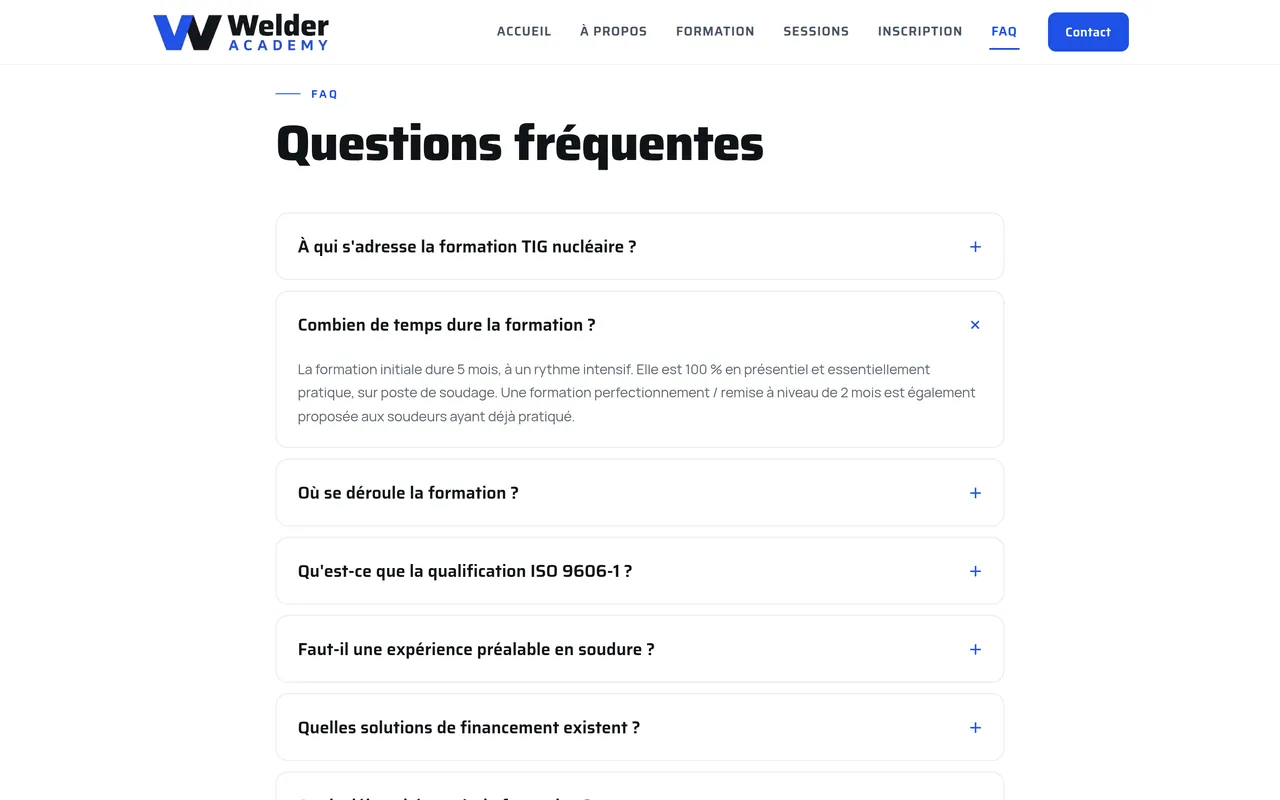 Section « Combien de temps dure la formation ? » de la page « FAQ » du site de Welder Academy, sur ordinateur.