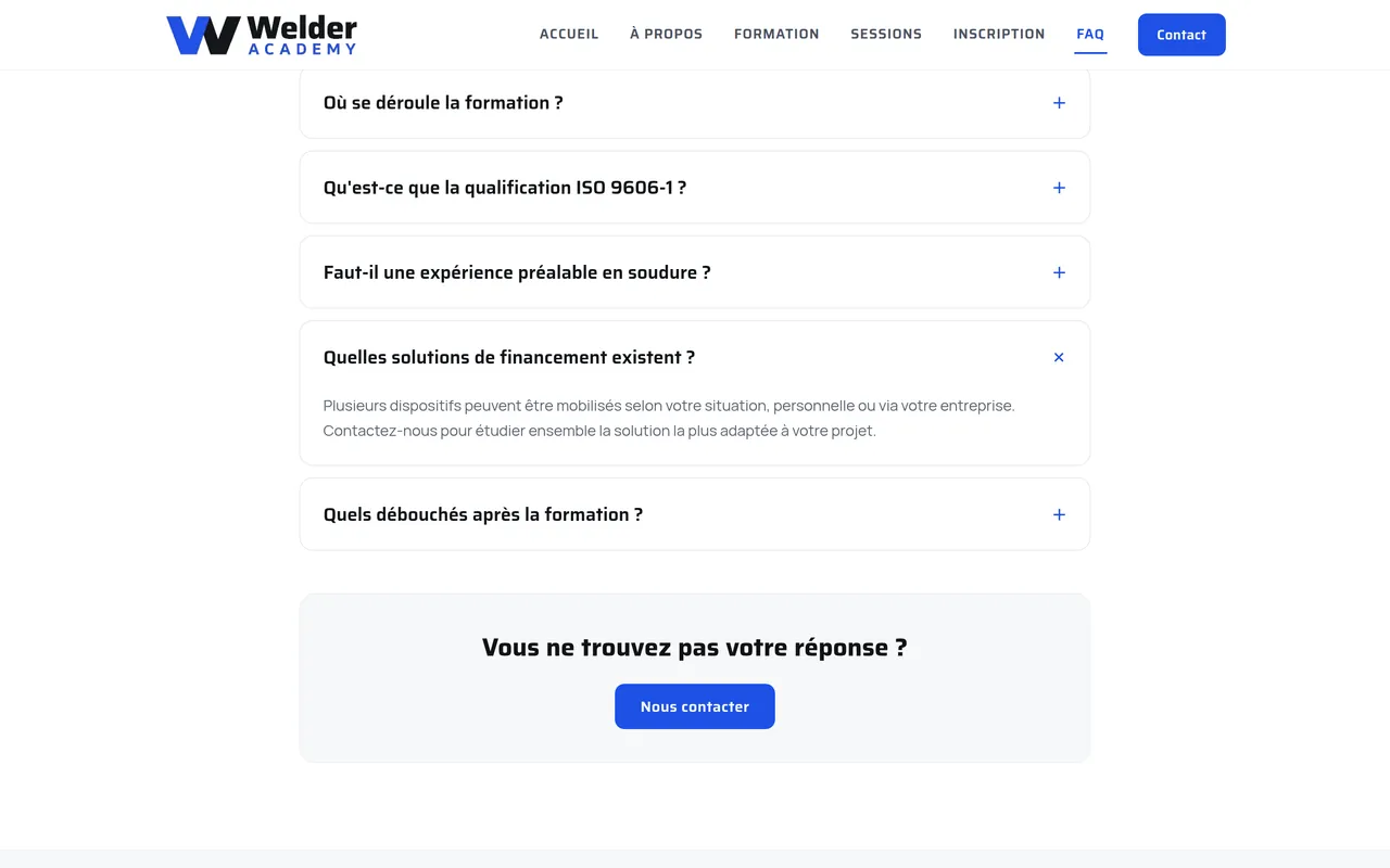 Section « Quelles solutions de financement existent ? » de la page « FAQ » du site de Welder Academy, sur ordinateur.