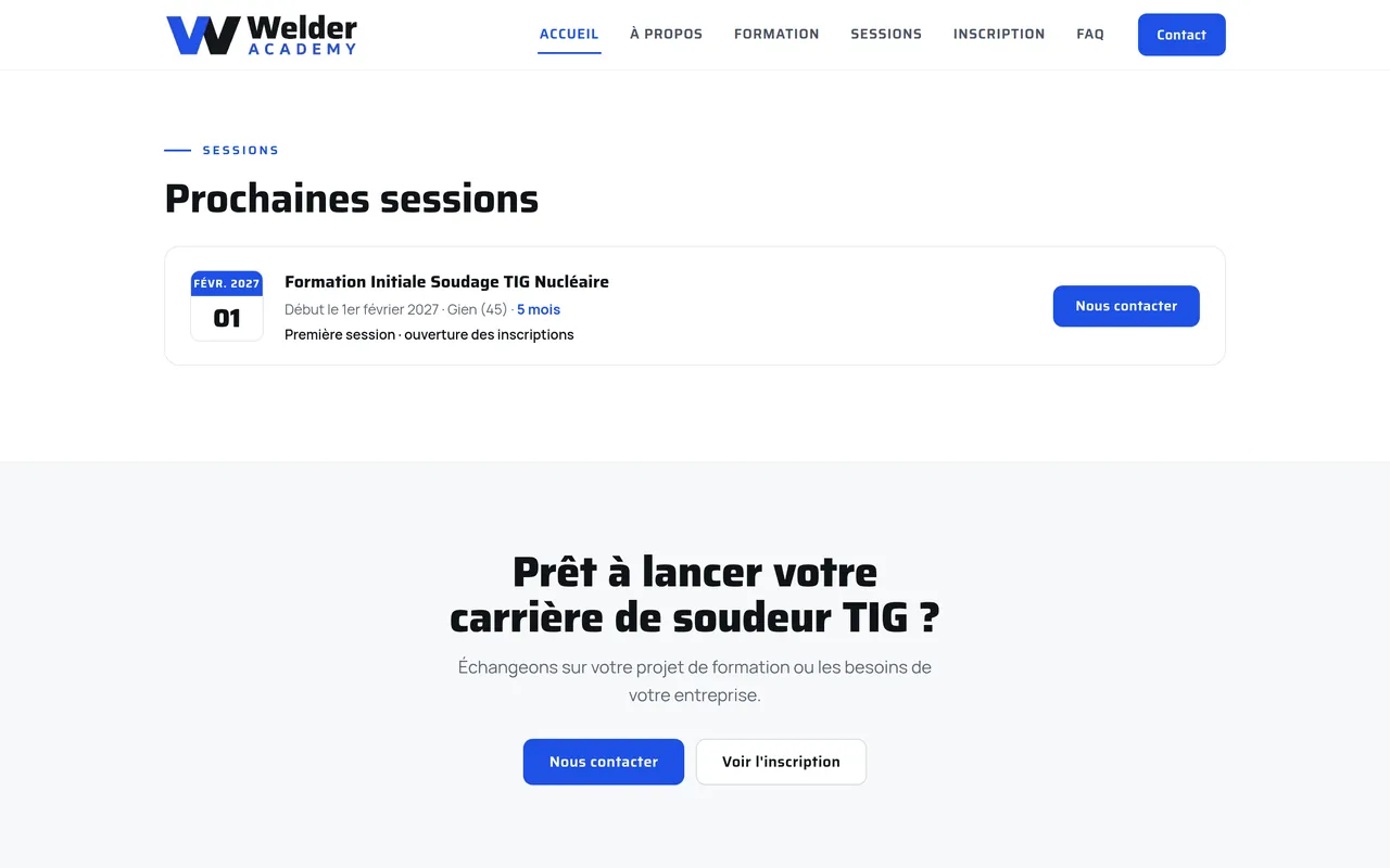 Section « Prochaines sessions » de l’accueil du site de Welder Academy, sur ordinateur.