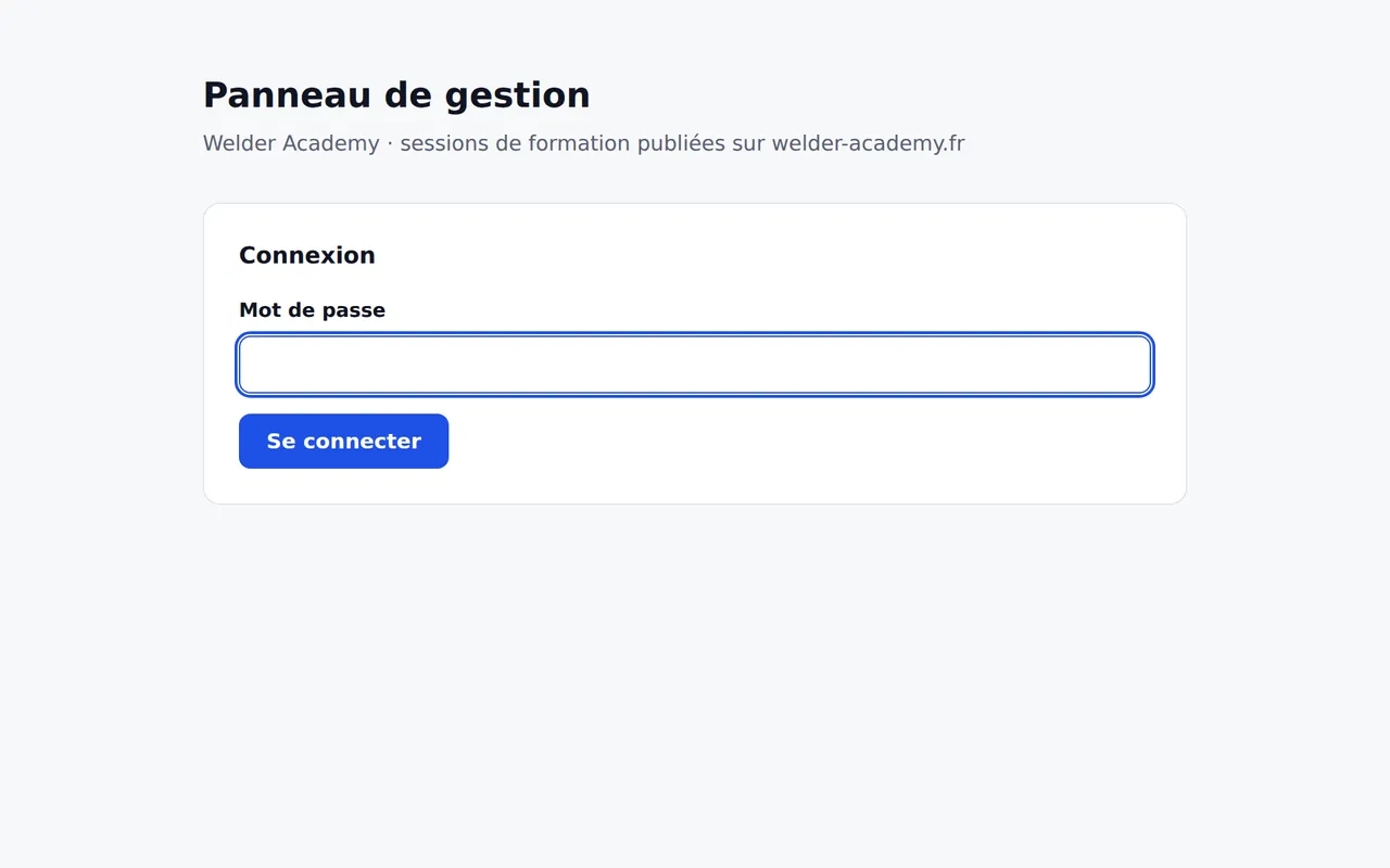 Écran de connexion du panneau de gestion du site de Welder Academy, sur ordinateur.