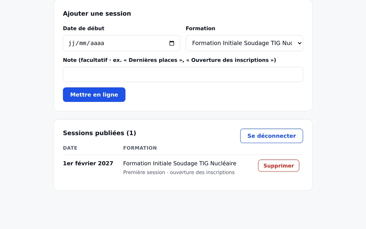 Liste des sessions publiées dans le panneau de gestion du site de Welder Academy, sur ordinateur.