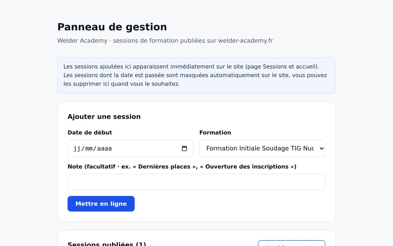 Formulaire d’ajout d’une session dans le panneau de gestion du site de Welder Academy, sur ordinateur.