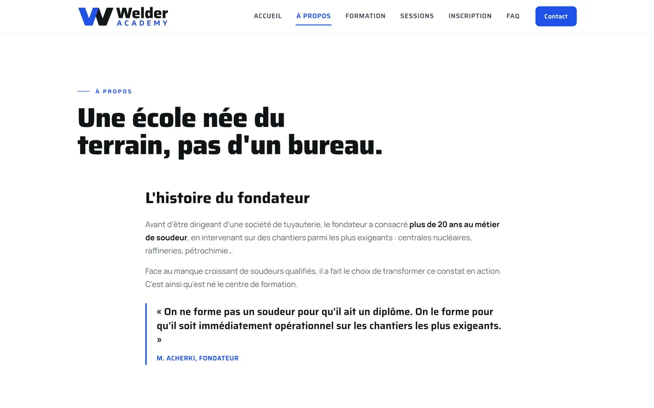 Page « À propos » du site de Welder Academy, sur ordinateur.