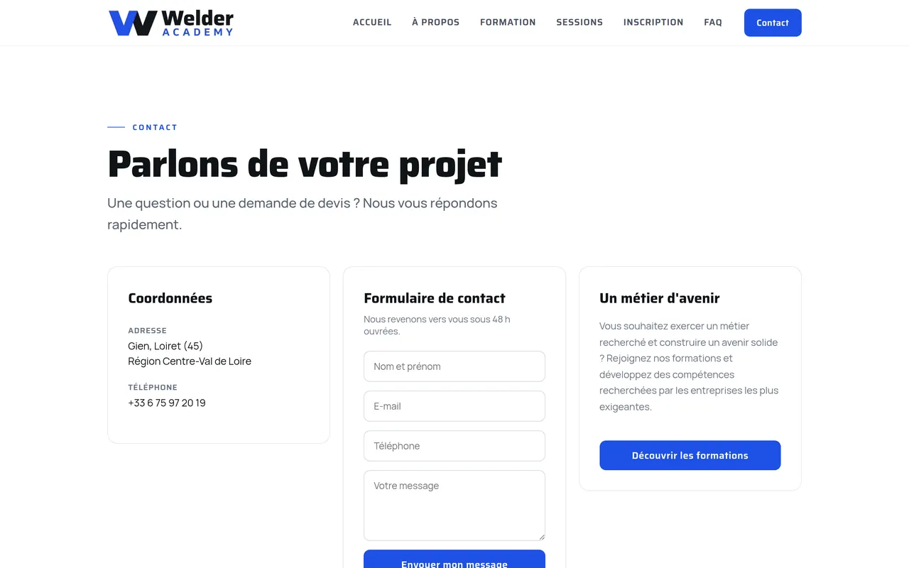 Page « Contact » du site de Welder Academy, sur ordinateur.