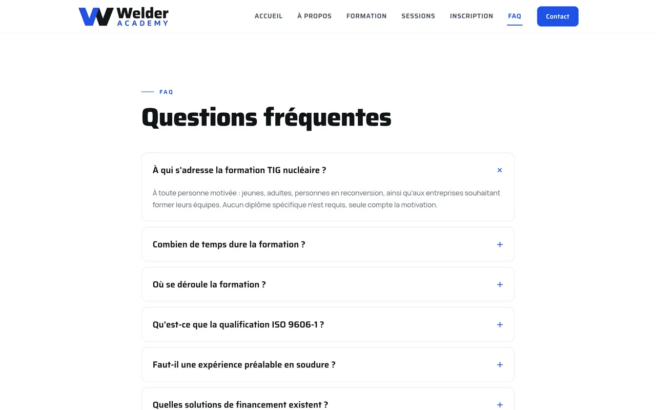 Page « FAQ » du site de Welder Academy, sur ordinateur.