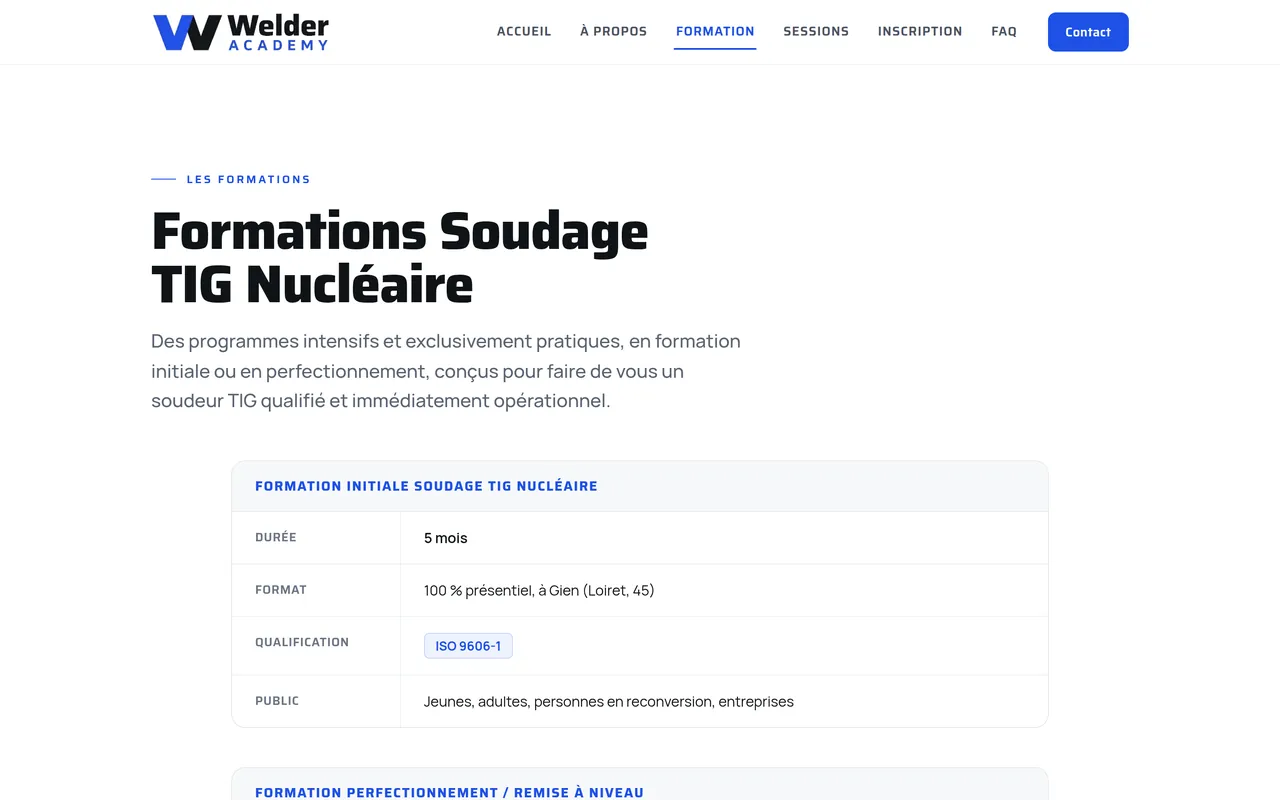 Page « Formation » du site de Welder Academy, sur ordinateur.