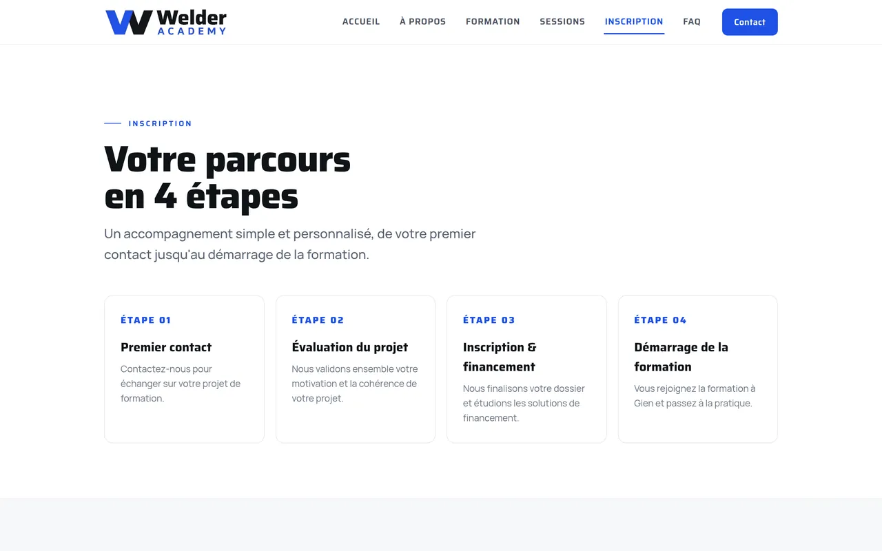 Page « Inscription » du site de Welder Academy, sur ordinateur.