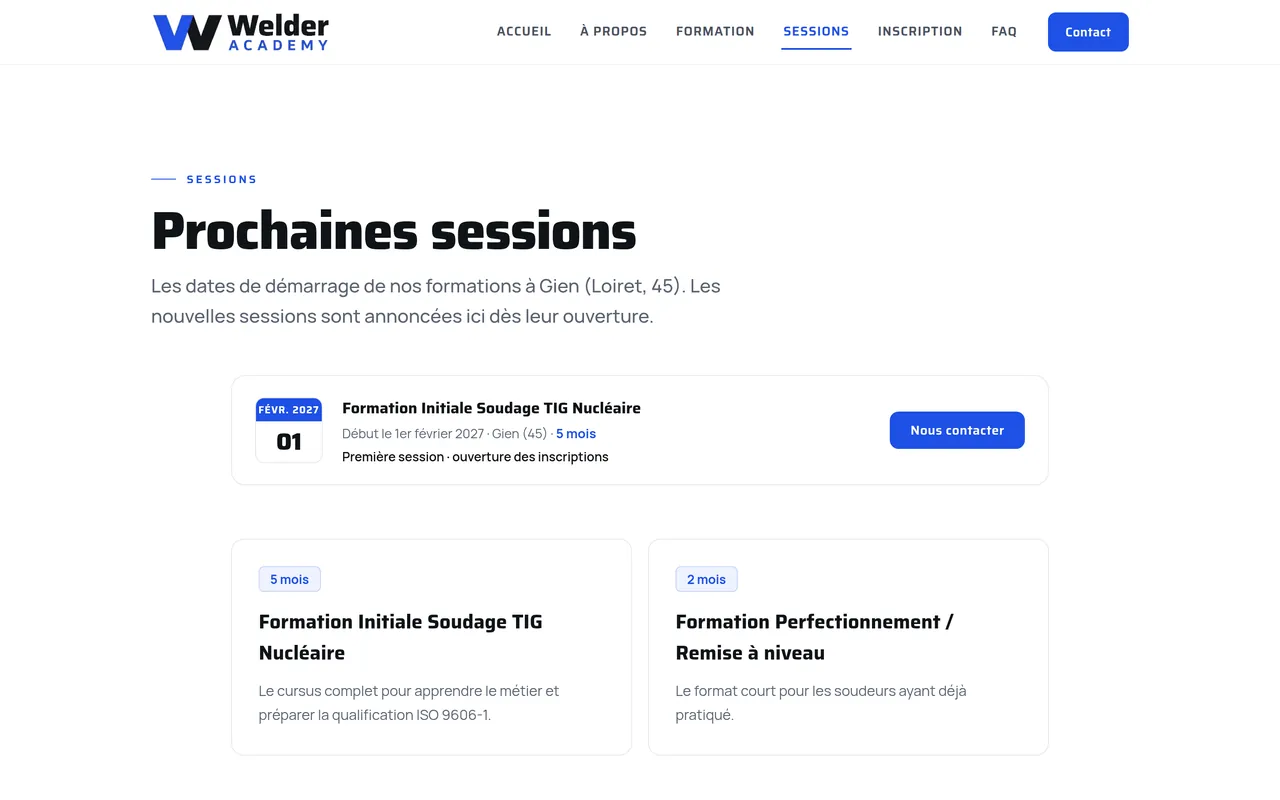 Page « Sessions » du site de Welder Academy, sur ordinateur.