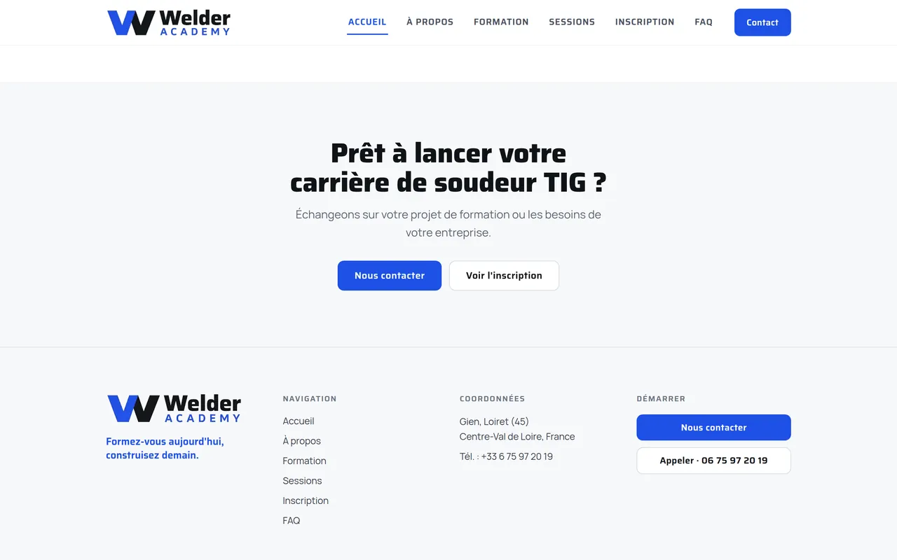 Section « Prêt à lancer votre carrière ? » de l’accueil du site de Welder Academy, sur ordinateur.
