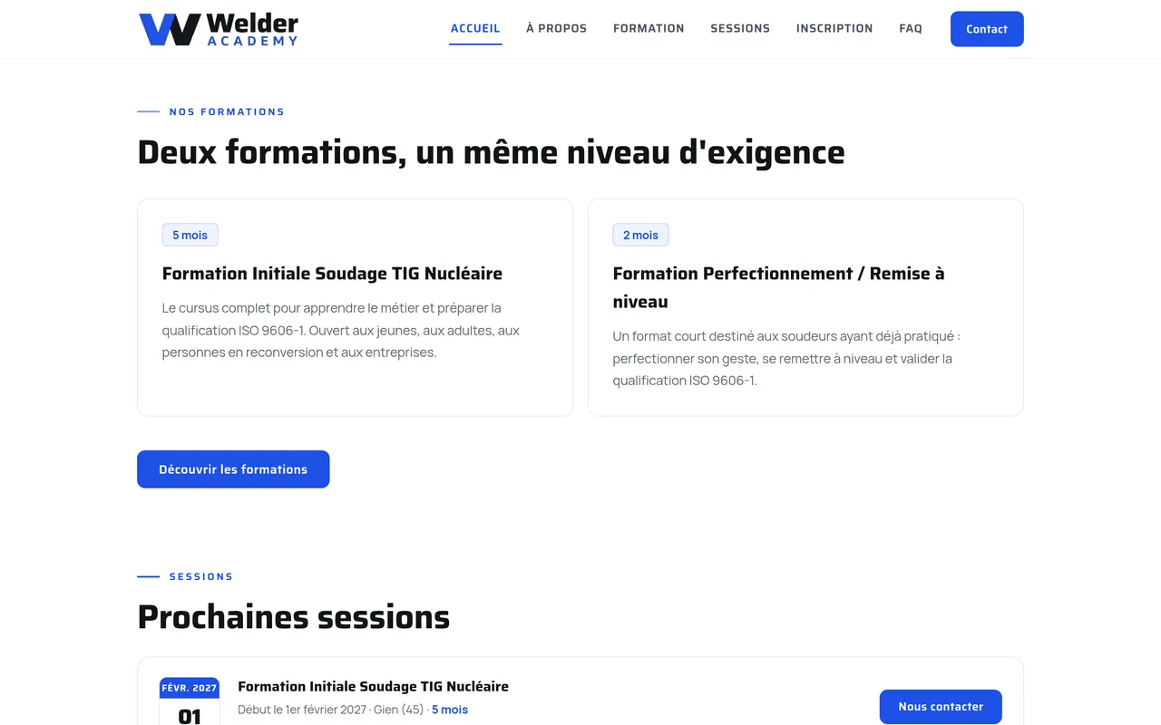 Section « Nos formations » de l’accueil du site de Welder Academy, sur ordinateur.