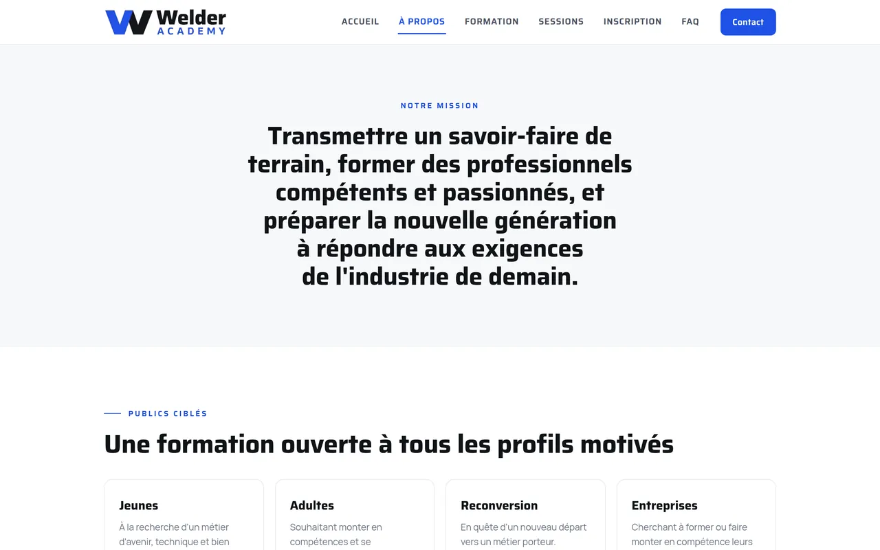 Section « Notre mission » de la page « À propos » du site de Welder Academy, sur ordinateur.