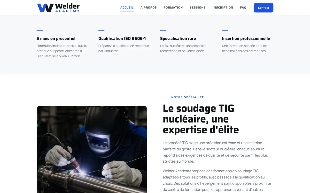 Section « Les points clés » de l’accueil du site de Welder Academy, sur ordinateur.