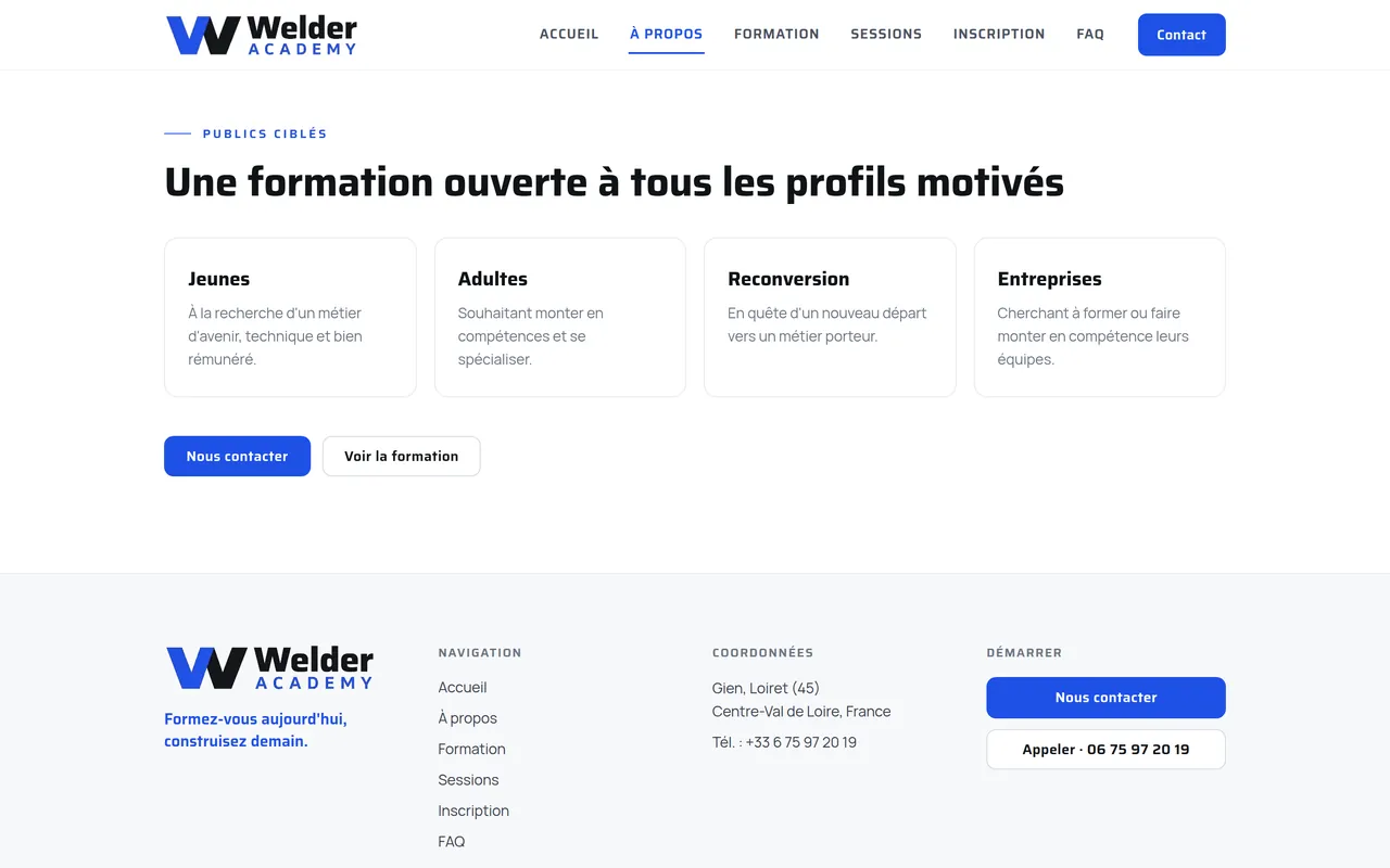 Section « Publics ciblés » de la page « À propos » du site de Welder Academy, sur ordinateur.